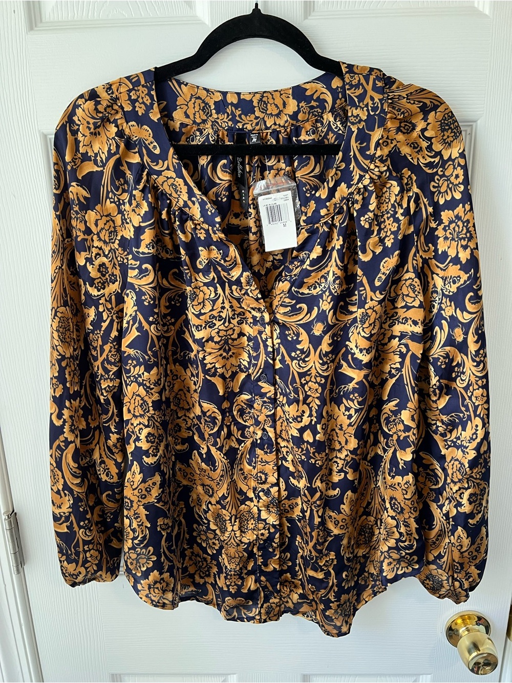 Bellatrix Navy Blue Gold Baroque Paisley Floral V Neck Blouse Top Medium M